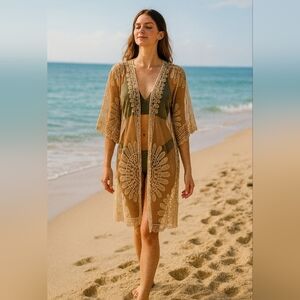 Rebellion Cream Lace Kimono Sheer Embroidered Bohemian Flowy Cover-Up Texture